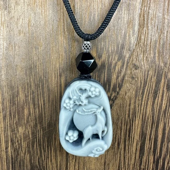 Tai Chi Stone Deer Pendant Necklace on Black Adjustable Rope - Picture 6 of 11